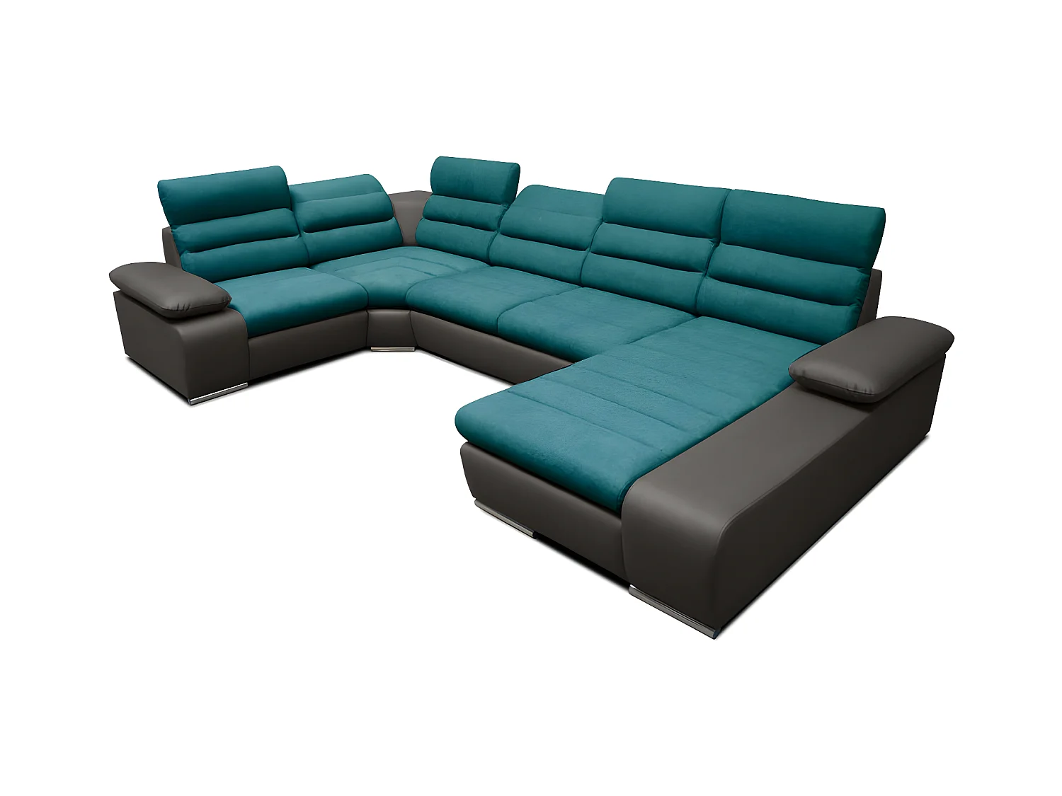 Canapé d'angle panoramique convertible en tissu et simili BOILEAU - Bicolore turquoise/anthracite - Angle droit