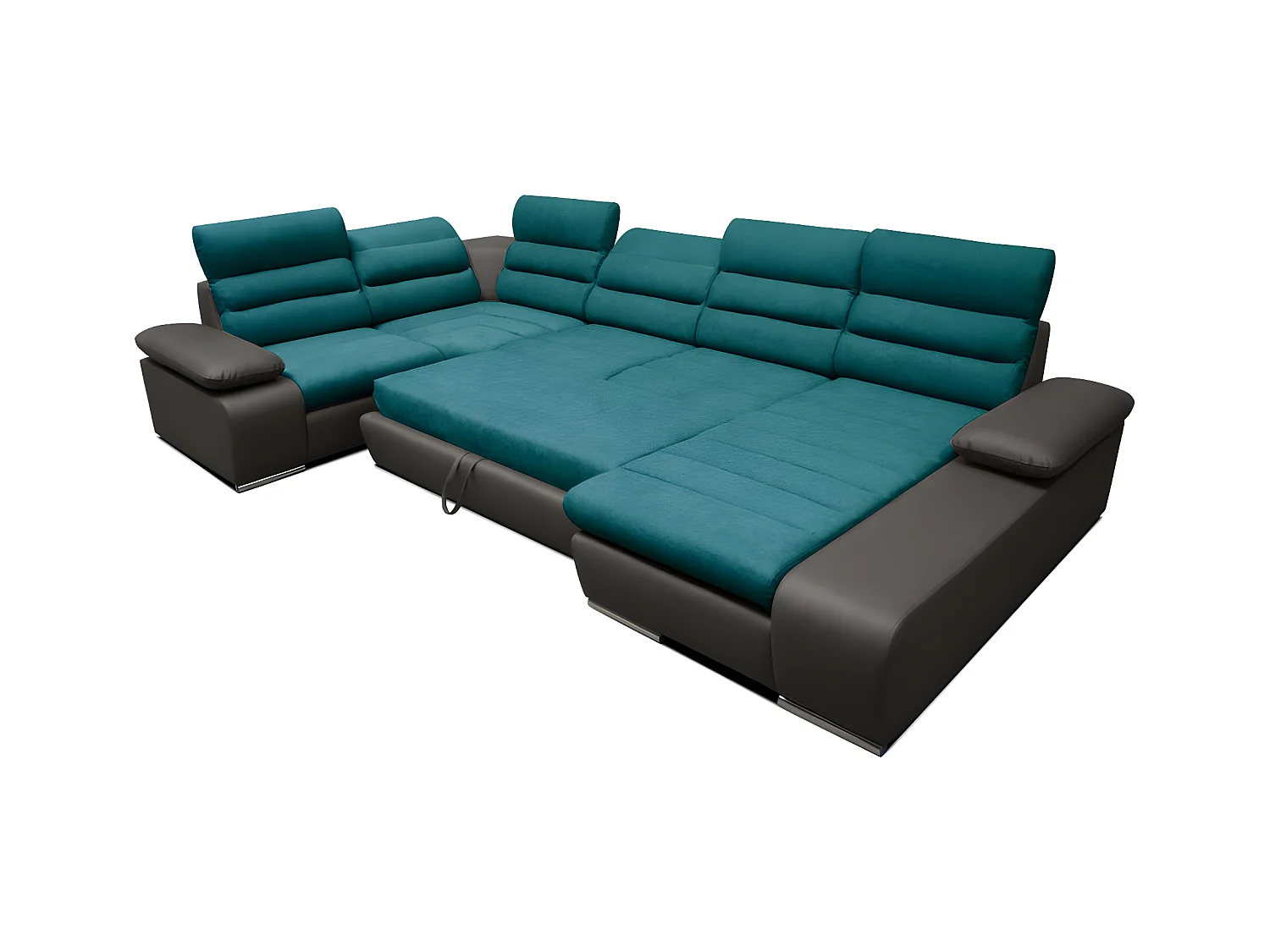 Canapé d'angle panoramique convertible en tissu et simili BOILEAU - Bicolore turquoise/anthracite - Angle droit