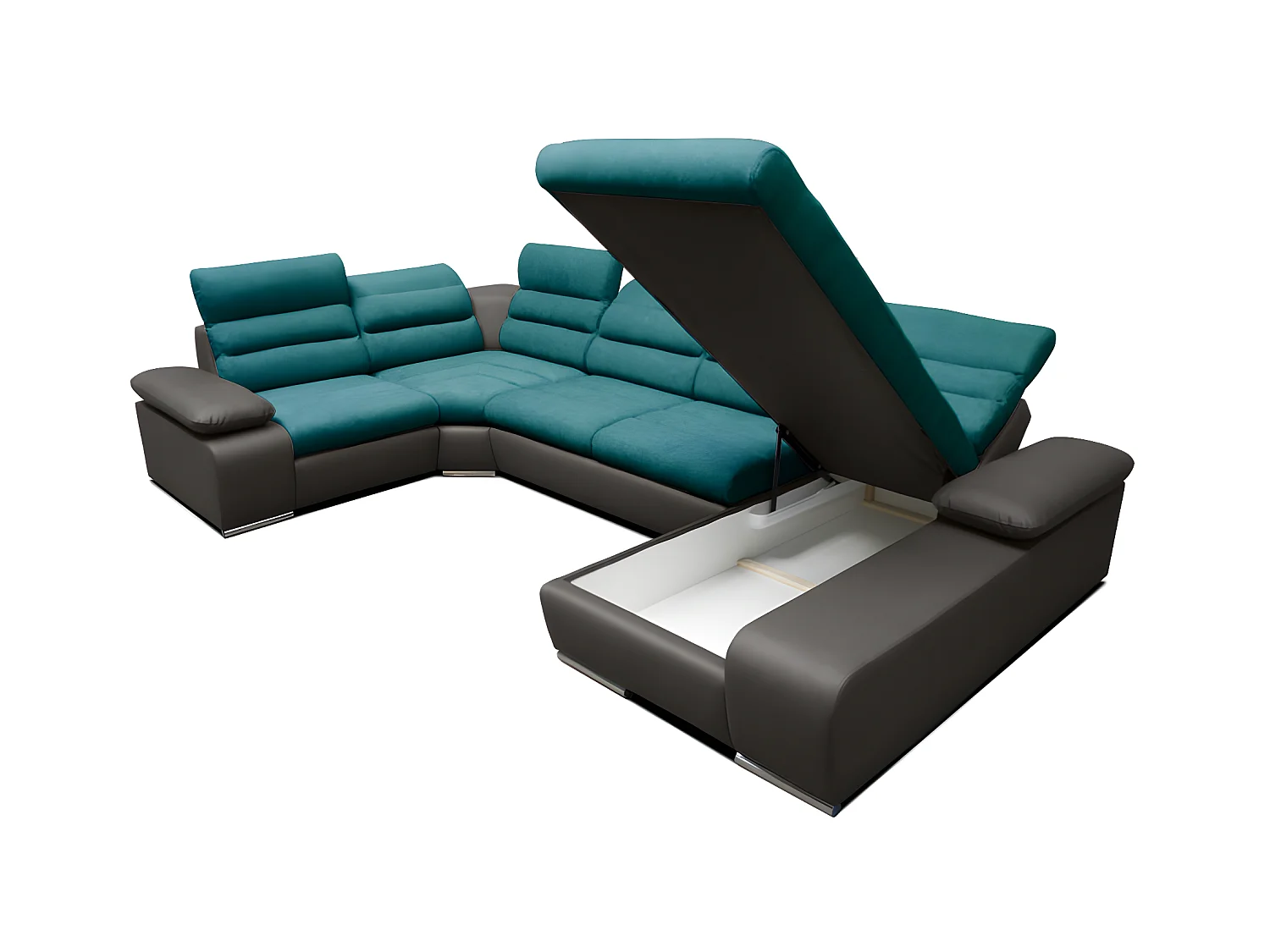 Canapé d'angle panoramique convertible en tissu et simili BOILEAU - Bicolore turquoise/anthracite - Angle droit