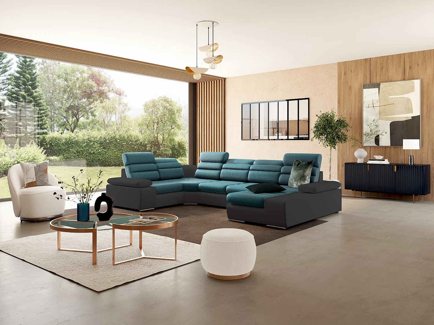 Canapé d'angle panoramique convertible en tissu et simili BOILEAU - Bicolore turquoise/anthracite - Angle droit