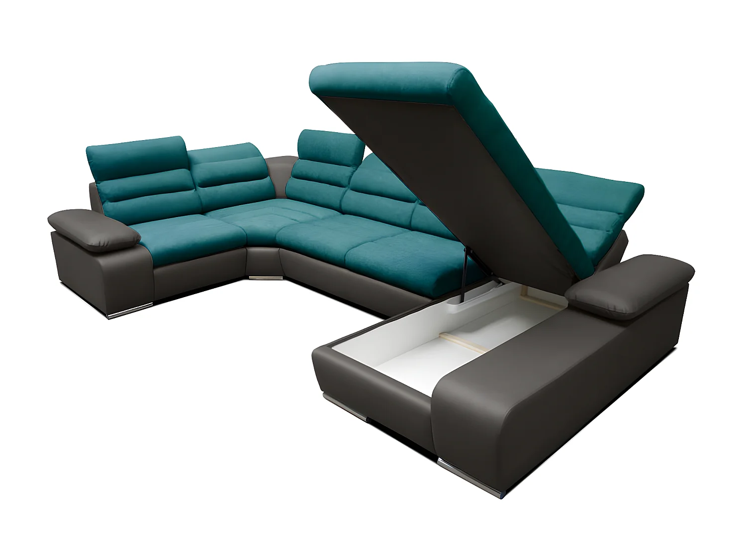 Canapé d'angle panoramique convertible en tissu et simili BOILEAU - Bicolore turquoise/anthracite - Angle droit