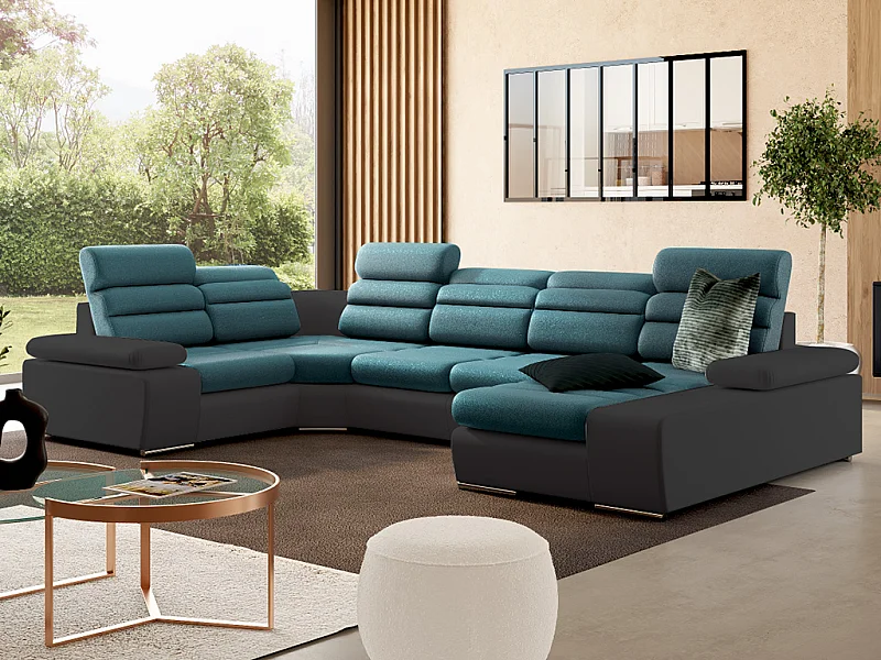 Hjørne-panoramaunderstrand-helfunktion i stof og imiteret læder BOILEAU - Tofarvet turkis/antracit - Højrevendt