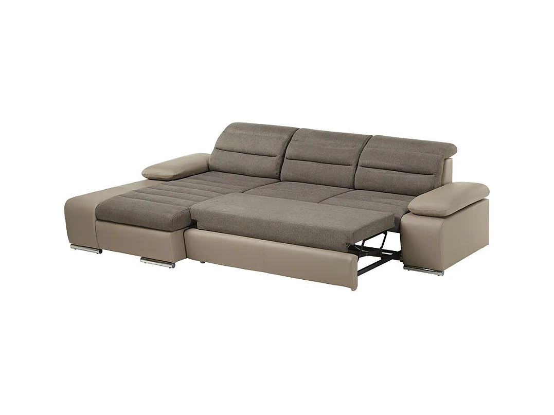 Hoekbedbank van stof en kunstleer MIRABEAU - Tweekleurig bruin/taupe - Hoek links