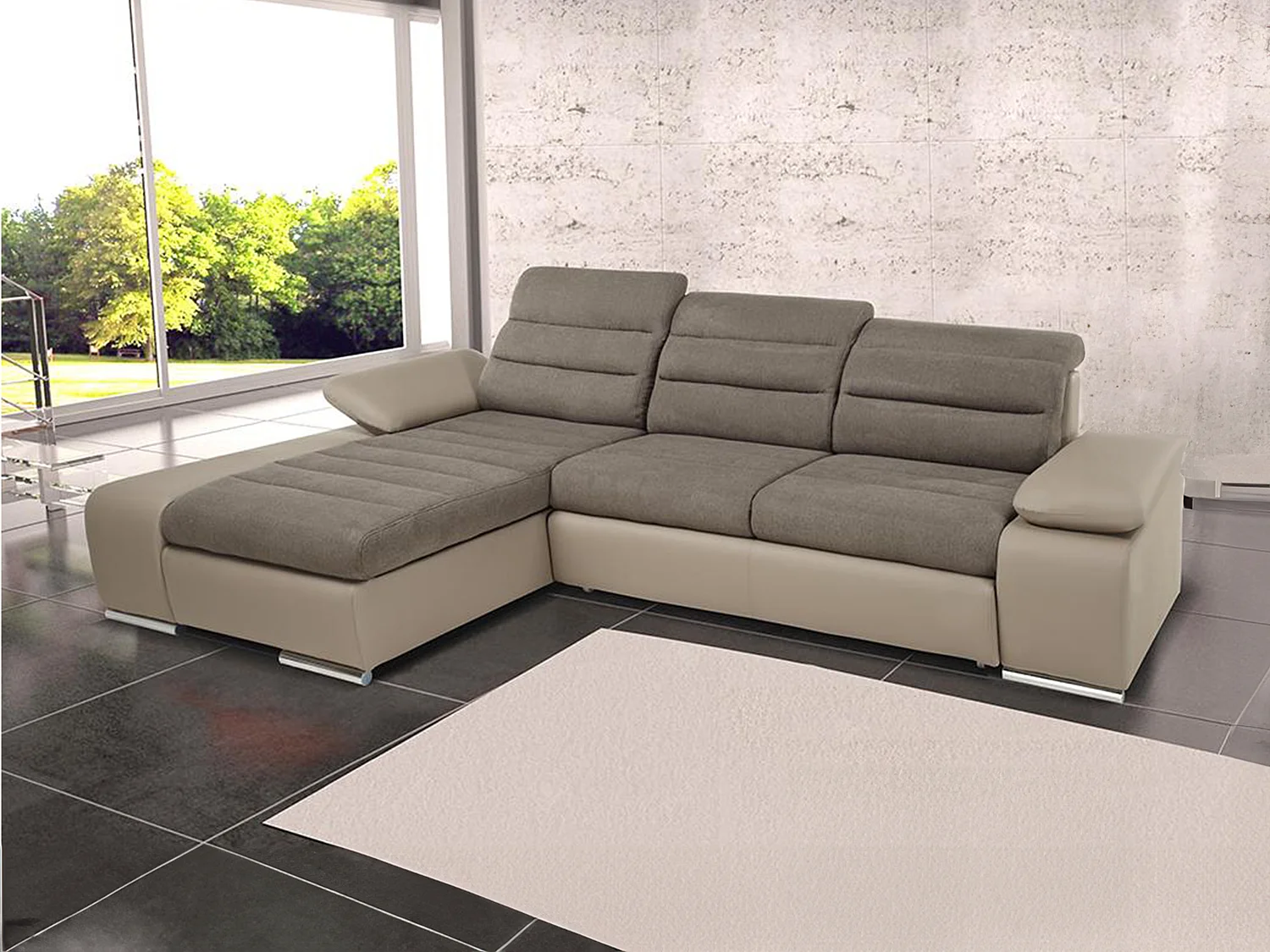 Hoekbedbank van stof en kunstleer MIRABEAU - Tweekleurig bruin/taupe - Hoek links