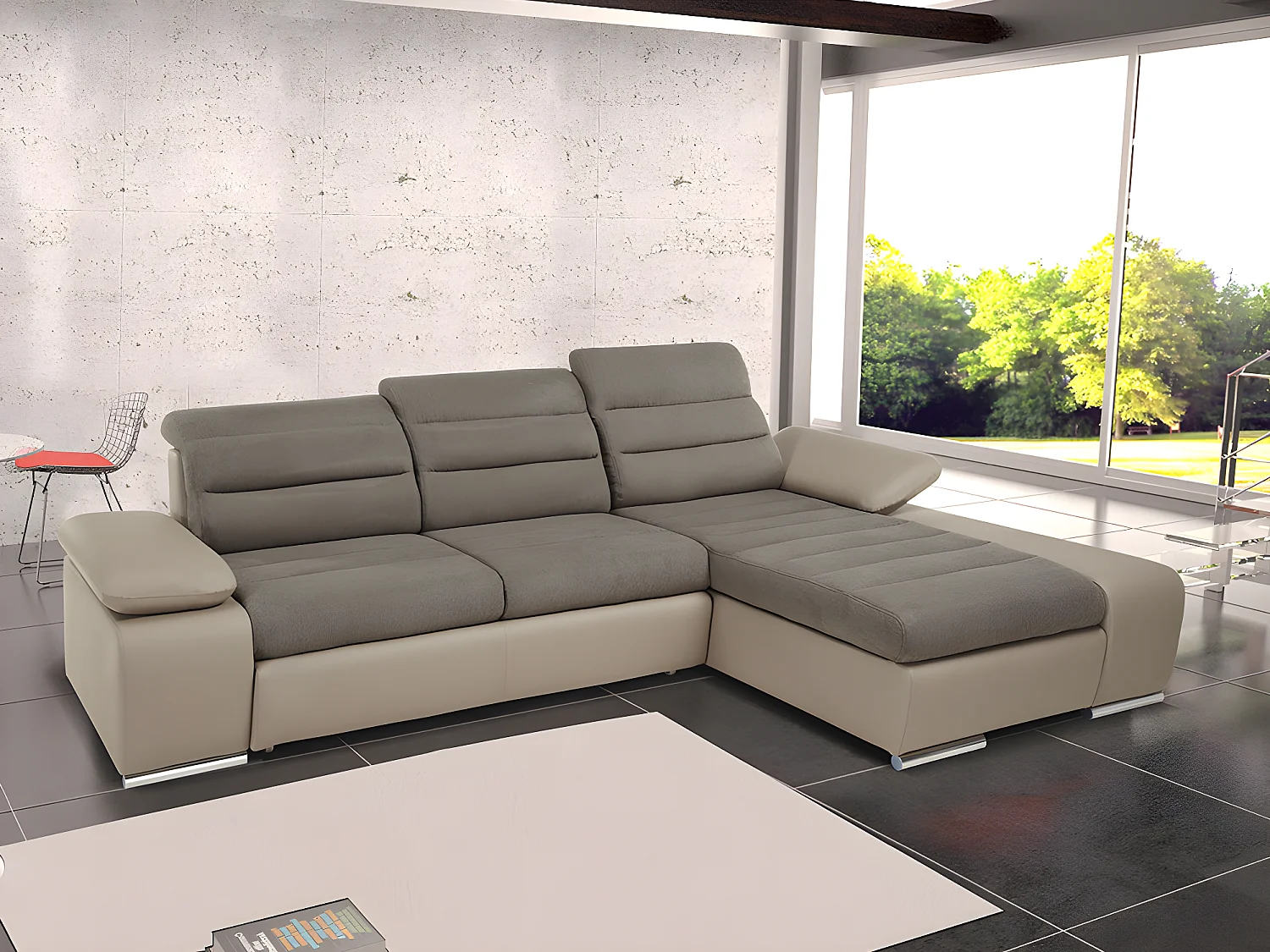 Canapé d'angle convertible en tissu et simili MIRABEAU - Taupe - Angle droit