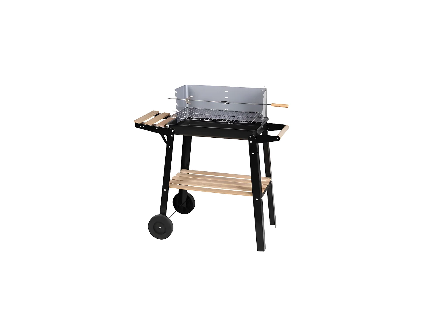 Barbecue Charbon Tourne Broche Tablette Repose Plat. étagère Bois. Sur Roulettes.