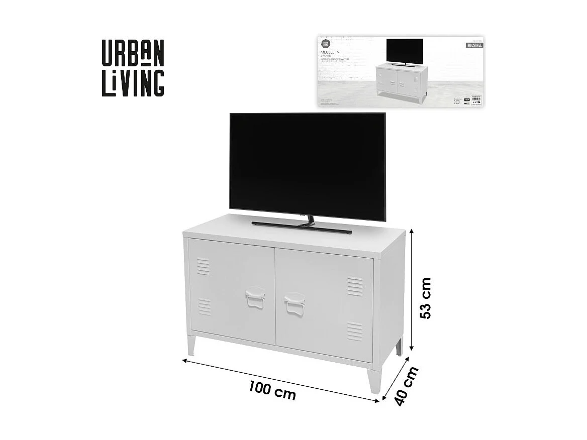 Meuble Tv 2 Portes 100x40x53 Cm En Métal Blanc IDTENDANCEDECO