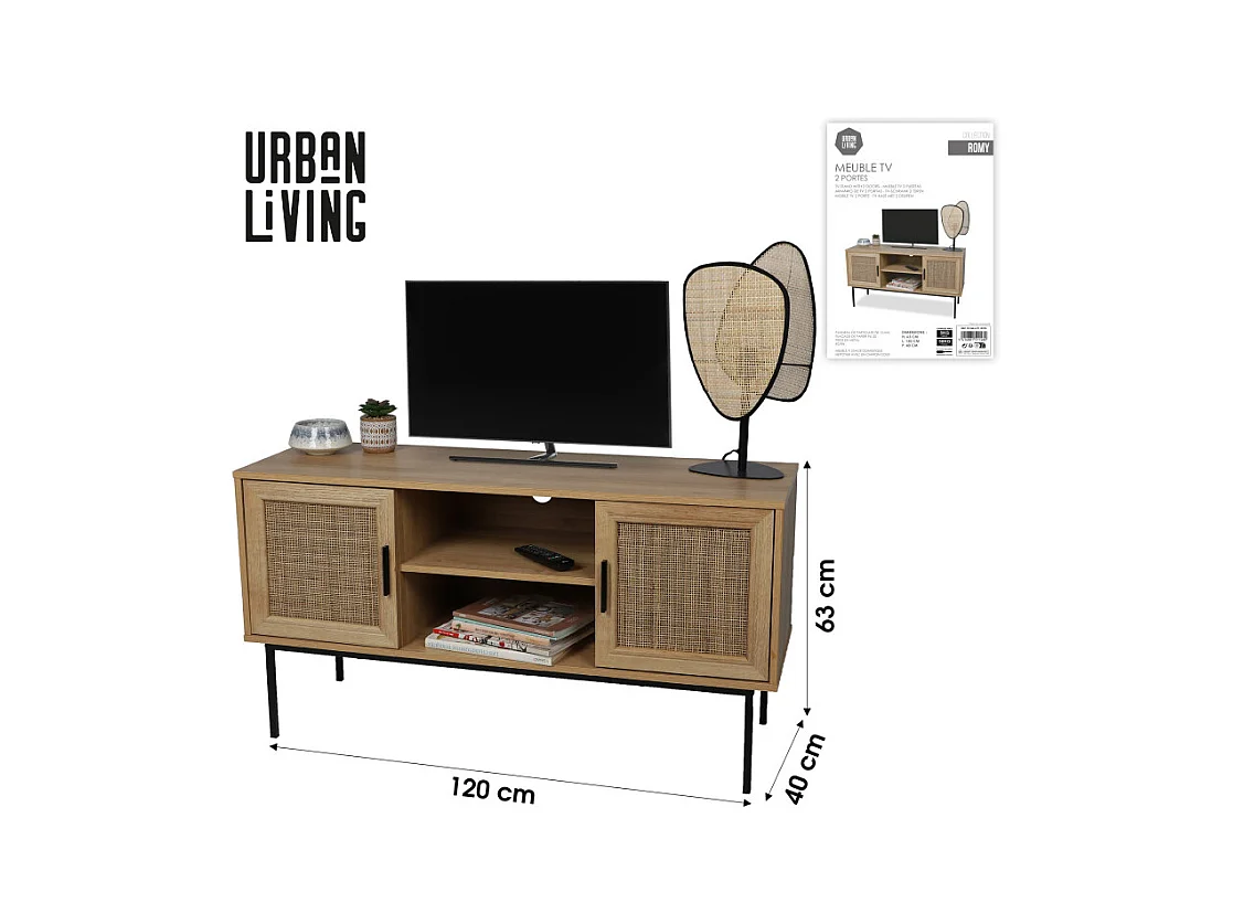 MEUBLE TV AVEC 2 PORTES ET 2 ETAGERES 120X39XH63CM IDTENDANCEDECO