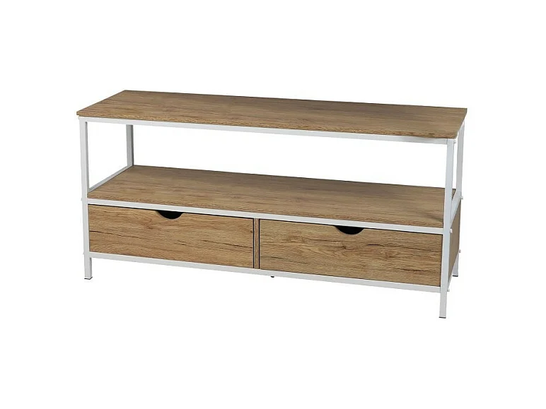 MEUBLE TV TÉLÉVISION BOIS ET MÉTAL BLANC 2 TIROIRS 120X39X57CM