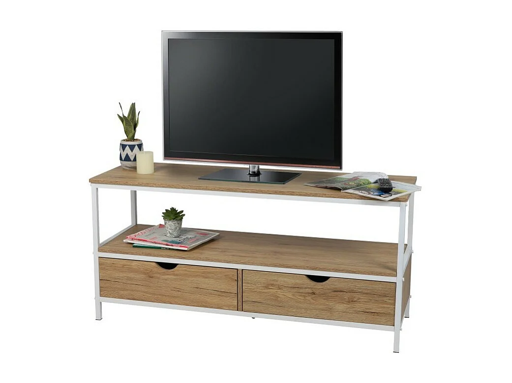 MEUBLE TV TÉLÉVISION BOIS ET MÉTAL BLANC 2 TIROIRS 120X39X57CM