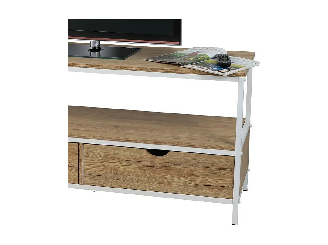 MEUBLE TV TÉLÉVISION BOIS ET MÉTAL BLANC 2 TIROIRS 120X39X57CM