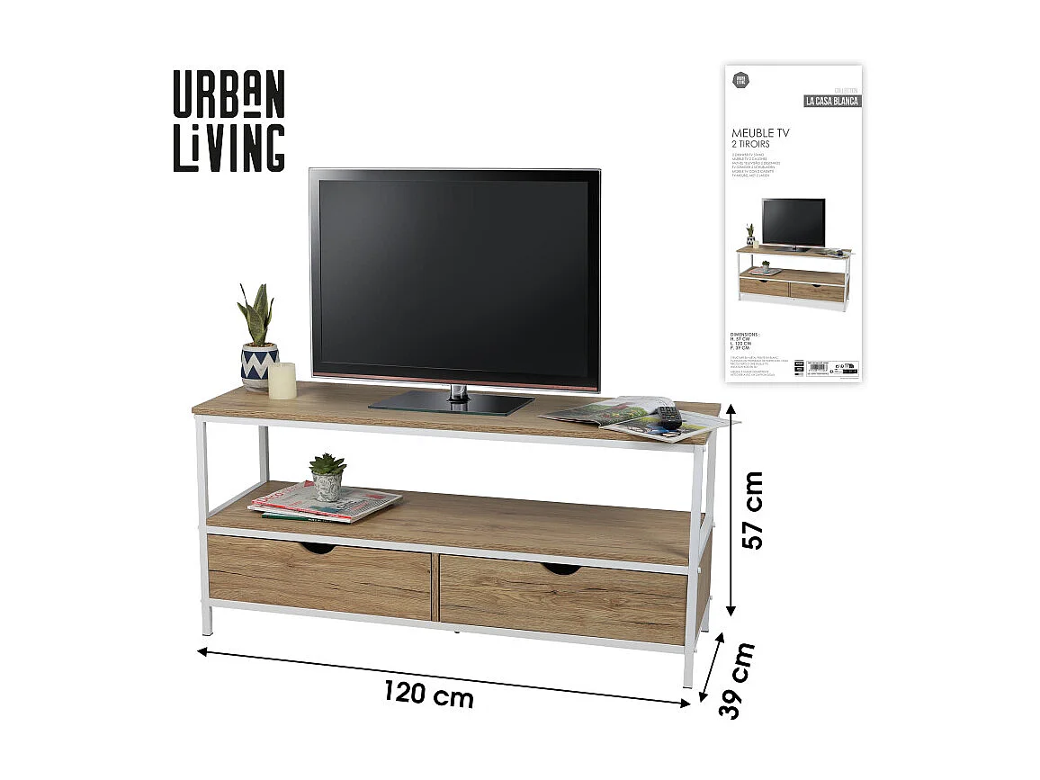 MEUBLE TV TÉLÉVISION BOIS ET MÉTAL BLANC 2 TIROIRS 120X39X57CM