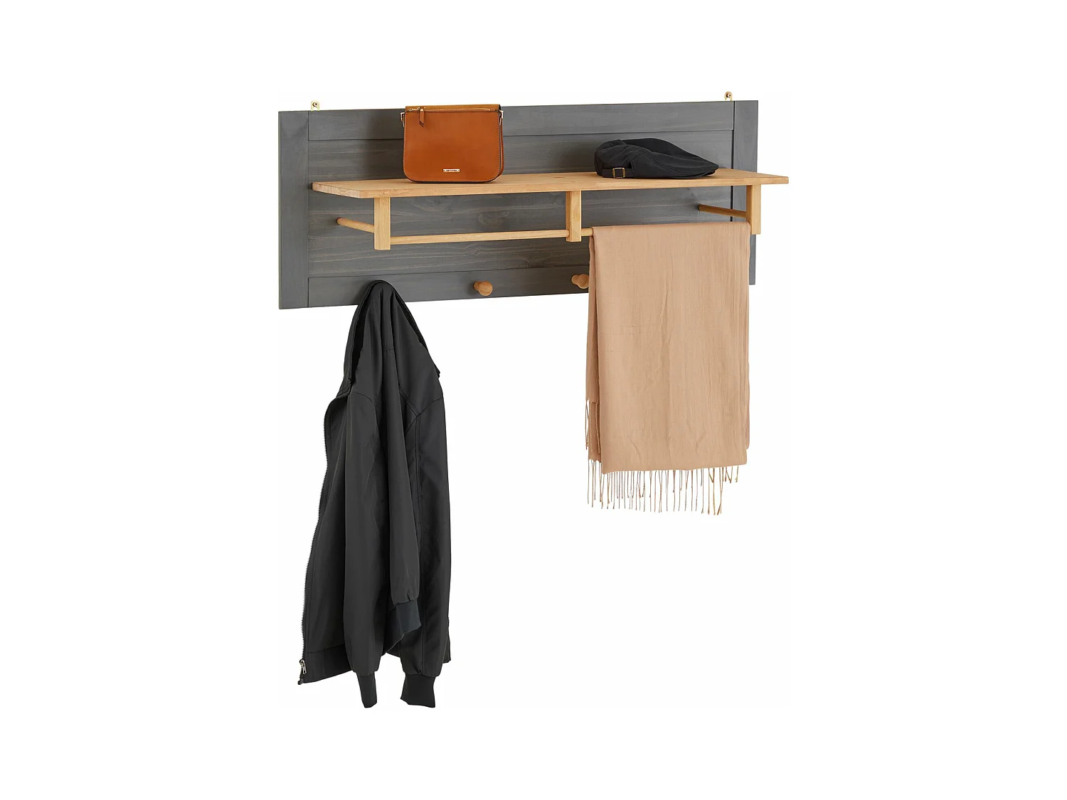 Portemanteau mural avec avec 4 crochets, 1 tringle et 1 étagère murale de rangement BOLTON, patère en pin massif anthracite et brun