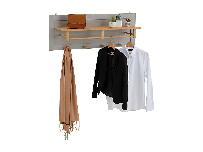 Portemanteau mural avec 4 crochets, 1 tringle et 1 étagère murale de rangement BOLTON, patère en pin massif gris et brun