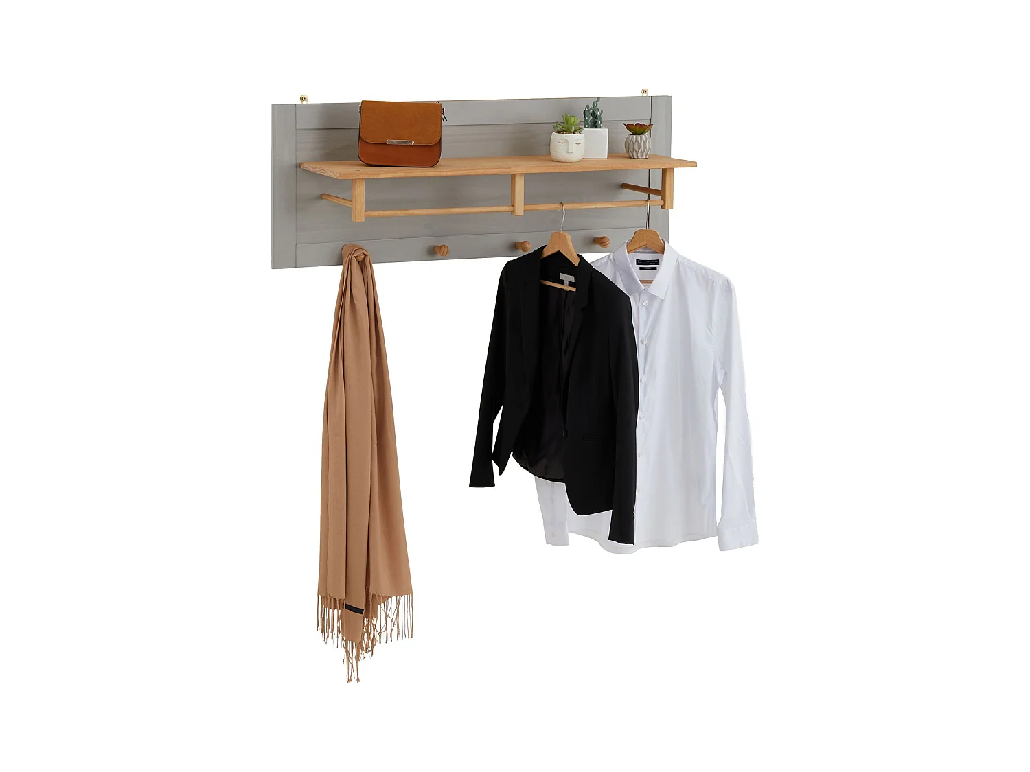 Portemanteau mural avec 4 crochets, 1 tringle et 1 étagère murale de rangement BOLTON, patère en pin massif gris et brun