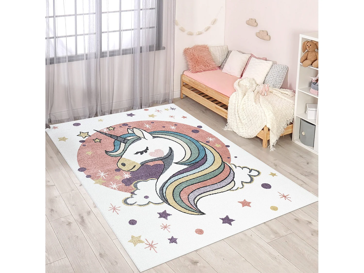 Tapis pour chambre d'enfant Blanc Motif Licorne Multicolore 140x200cm
