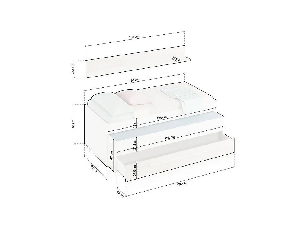 Cama y estante aglomerado blanco sin somieres y colchones 65x199x96cm