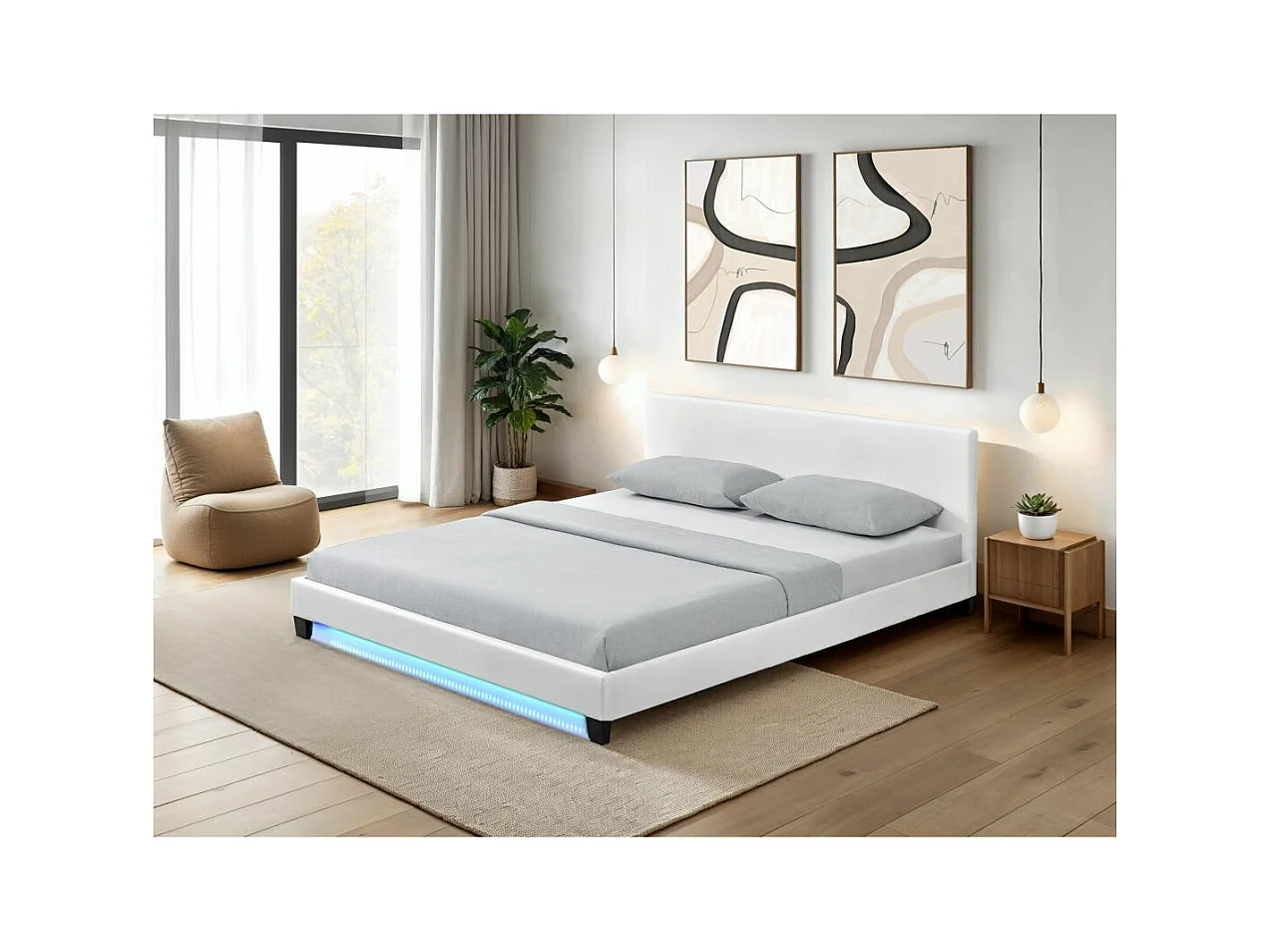 Cadre de lit YOKO avec éclairage LED, tête de lit et sommier à lattes en simili blanc - 140 cm