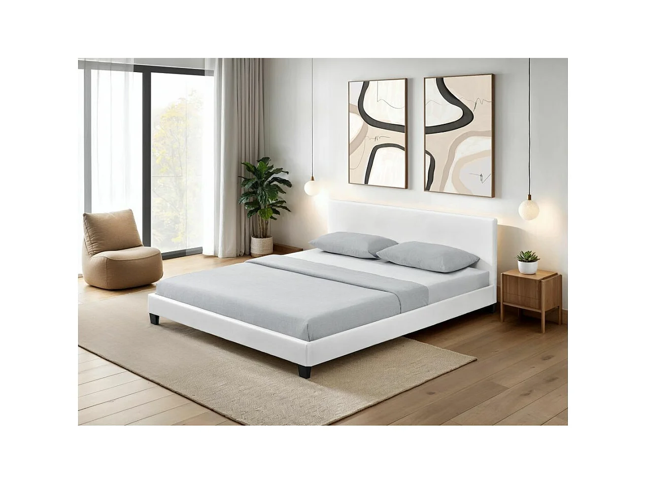 Cadre de lit YOKO avec éclairage LED, tête de lit et sommier à lattes en simili blanc - 140 cm