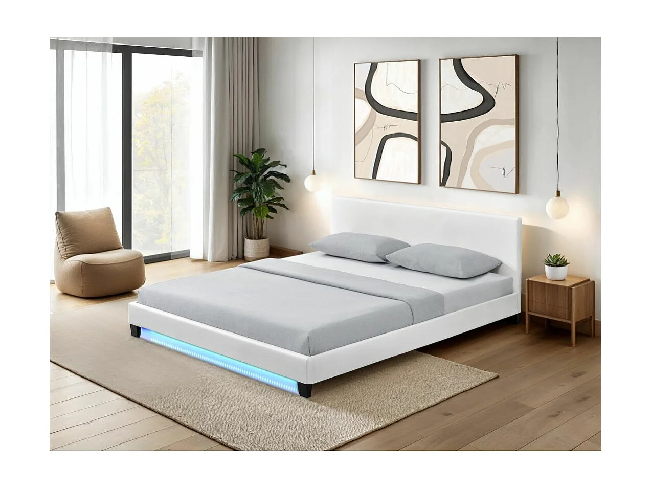 Cadre de lit YOKO avec éclairage LED, tête de lit et sommier à lattes en simili blanc - 140 cm