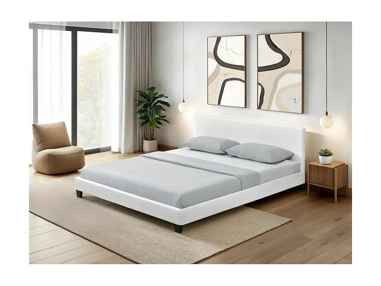 Cadre de lit YOKO avec éclairage LED, tête de lit et sommier à lattes en simili blanc - 140 cm