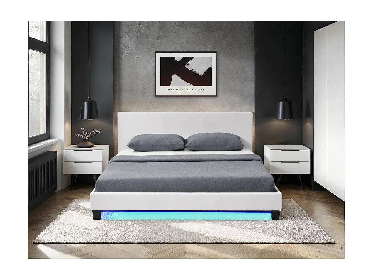 Cadre de lit YOKO avec éclairage LED, tête de lit et sommier à lattes en simili blanc - 140 cm