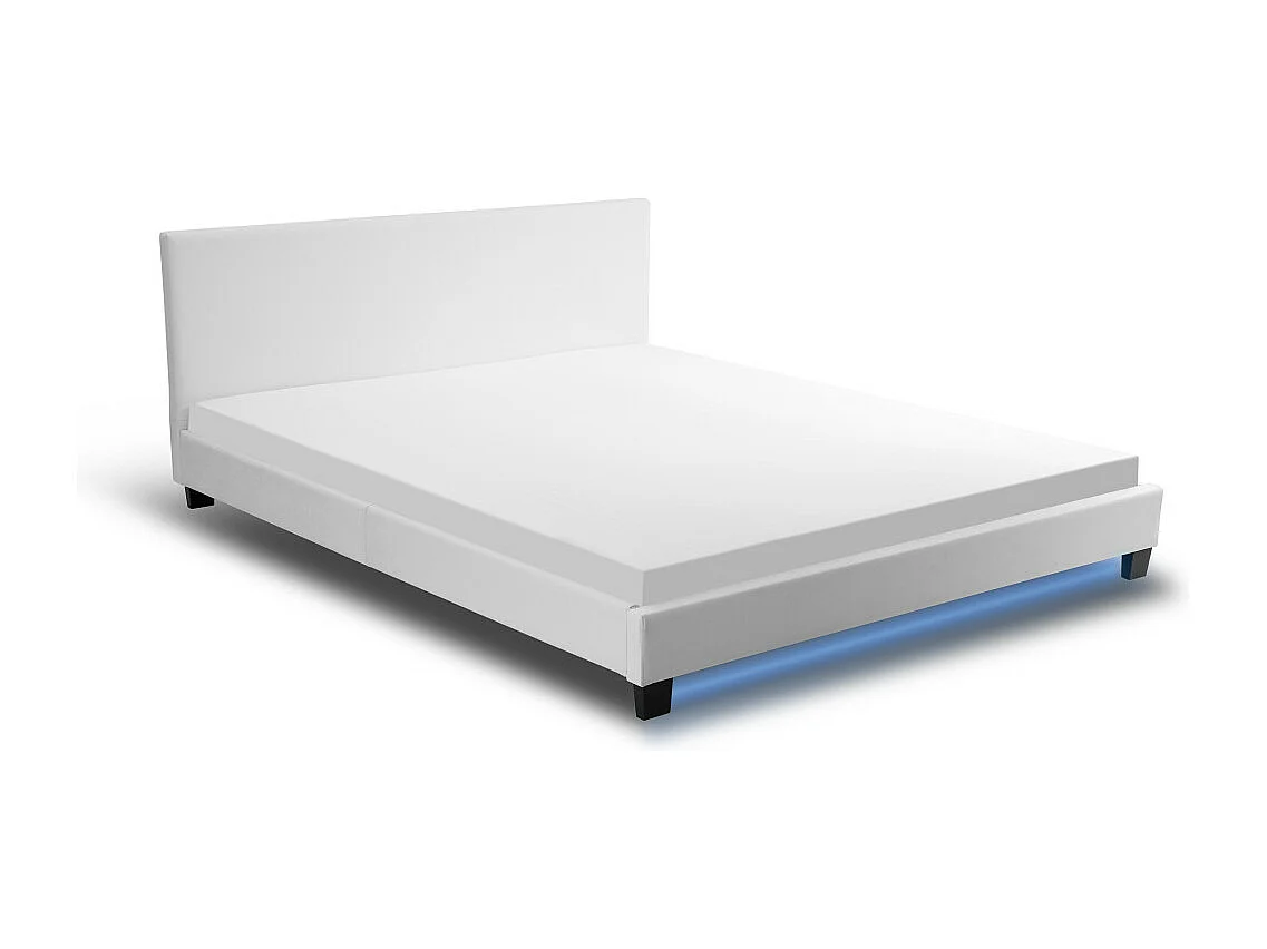 Cadre de lit YOKO avec éclairage LED, tête de lit et sommier à lattes en simili blanc - 140 cm