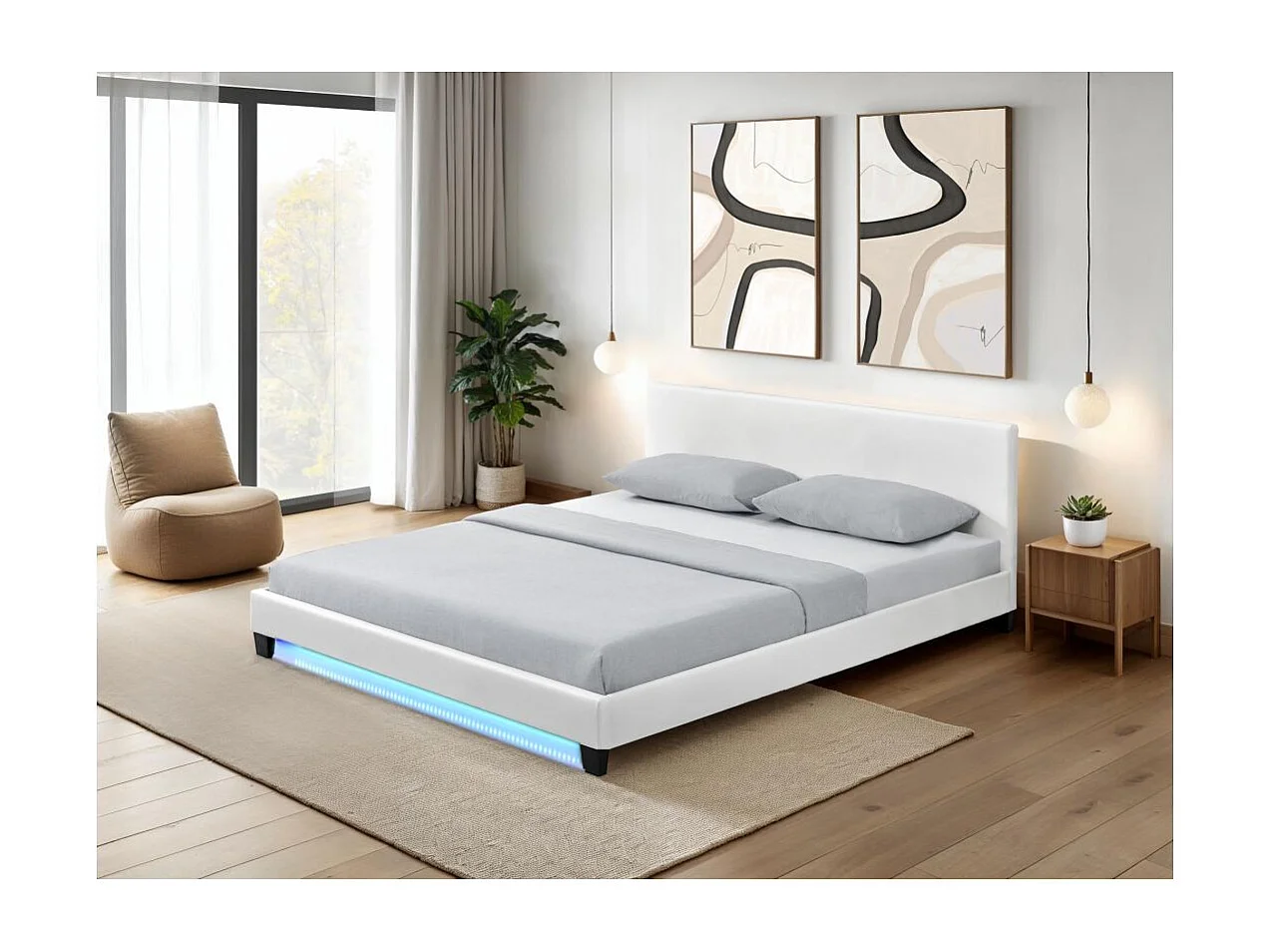 Cadre de lit YOKO avec éclairage LED, tête de lit et sommier à lattes en simili blanc - 140 cm