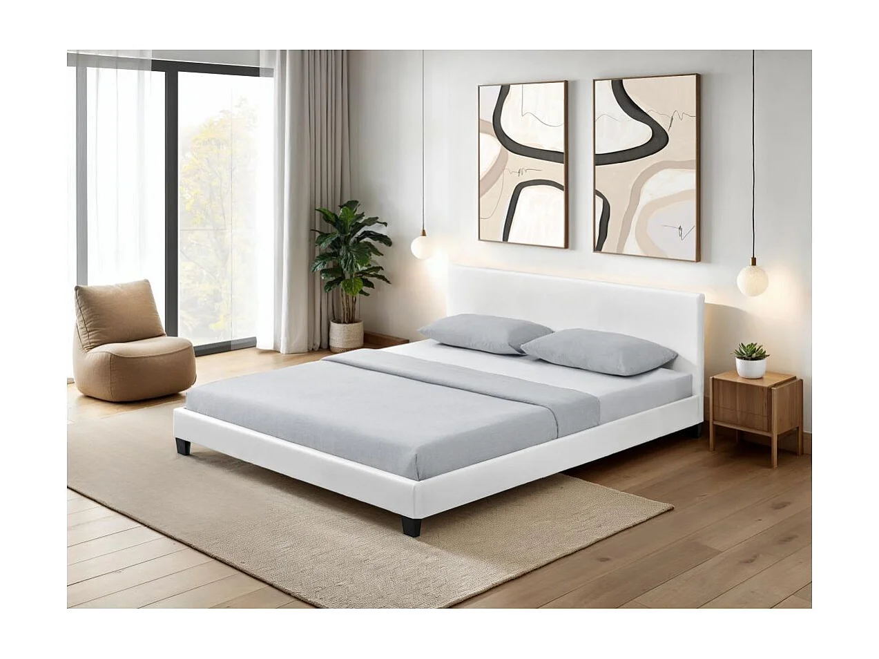 Cadre de lit YOKO avec éclairage LED, tête de lit et sommier à lattes en simili blanc - 140 cm