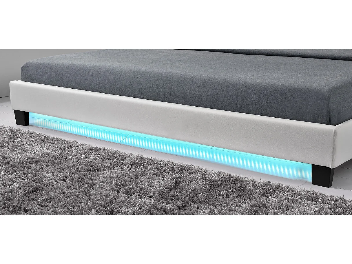 Cadre de lit YOKO avec éclairage LED, tête de lit et sommier à lattes en simili blanc - 140 cm