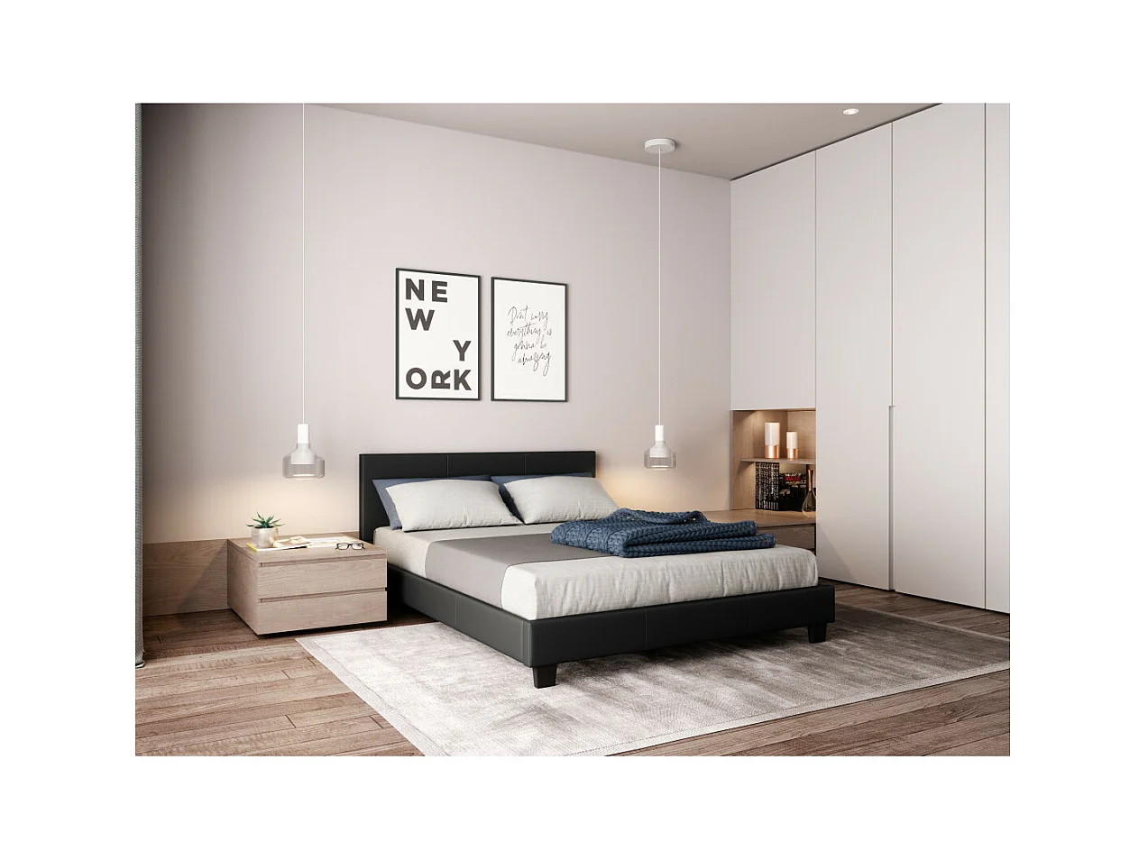 Cadre de lit YOKO avec tête de lit et sommier à lattes en simili - Noir, Largeur - 160 cm