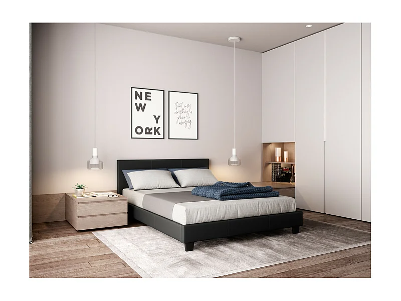 Cadre de lit YOKO avec tête de lit et sommier à lattes en simili - Noir, Largeur - 140 cm