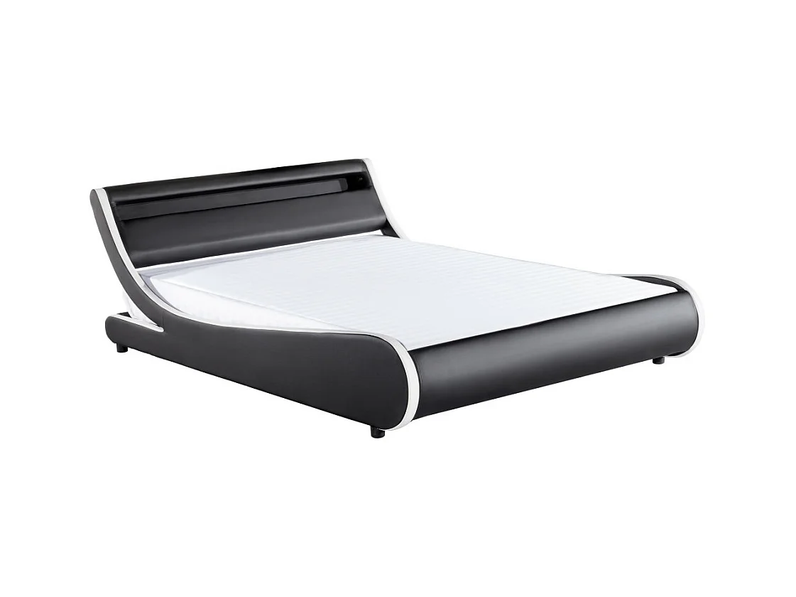 Cadre de lit TIM avec éclairage LED, tête de lit et sommier à lattes - Simili Blanc et Noir, 160 cm