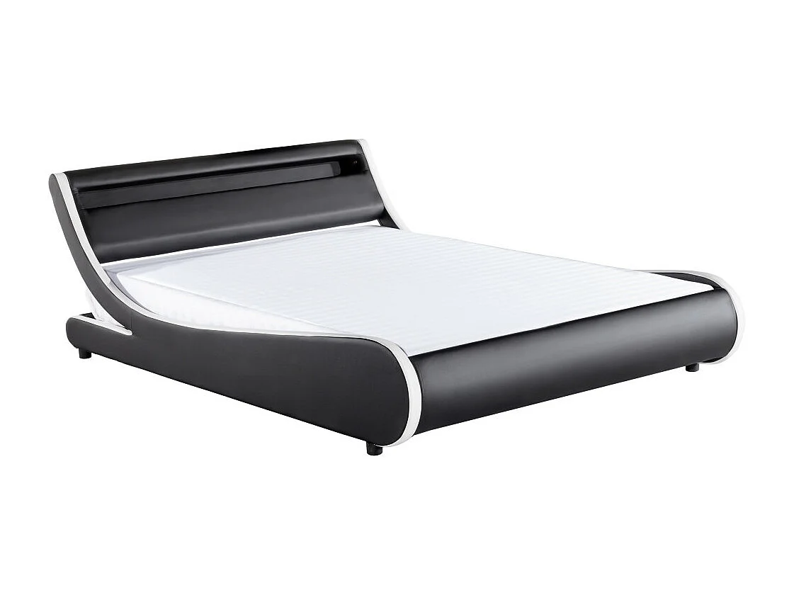 Cadre de lit TIM avec éclairage LED, tête de lit et sommier à lattes - Simili Blanc et Noir, 160 cm