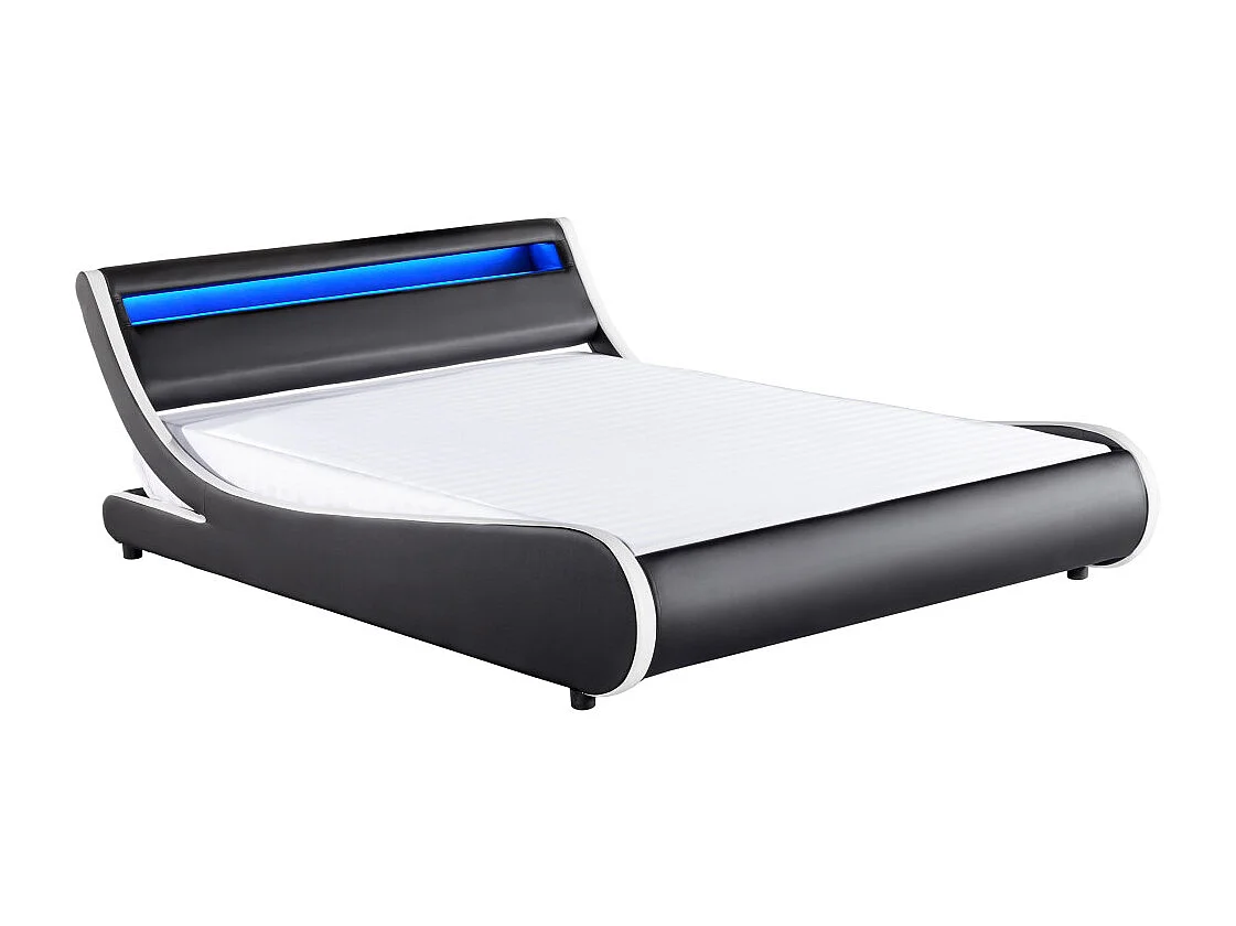 Cadre de lit TIM avec éclairage LED, tête de lit et sommier à lattes - Simili Blanc et Noir, 160 cm