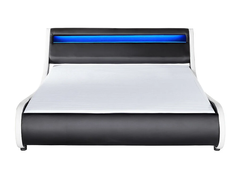Cadre de lit TIM avec éclairage LED, tête de lit et sommier à lattes - Simili Blanc et Noir, 160 cm