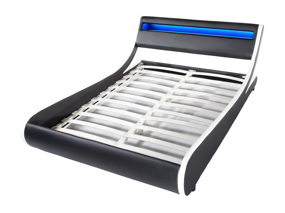 Cadre de lit TIM avec éclairage LED, tête de lit et sommier à lattes - Simili Blanc et Noir, 160 cm