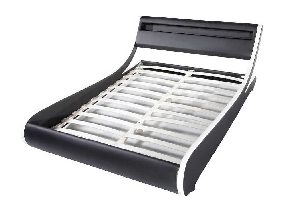 Cadre de lit TIM avec éclairage LED, tête de lit et sommier à lattes - Simili Blanc et Noir, 160 cm