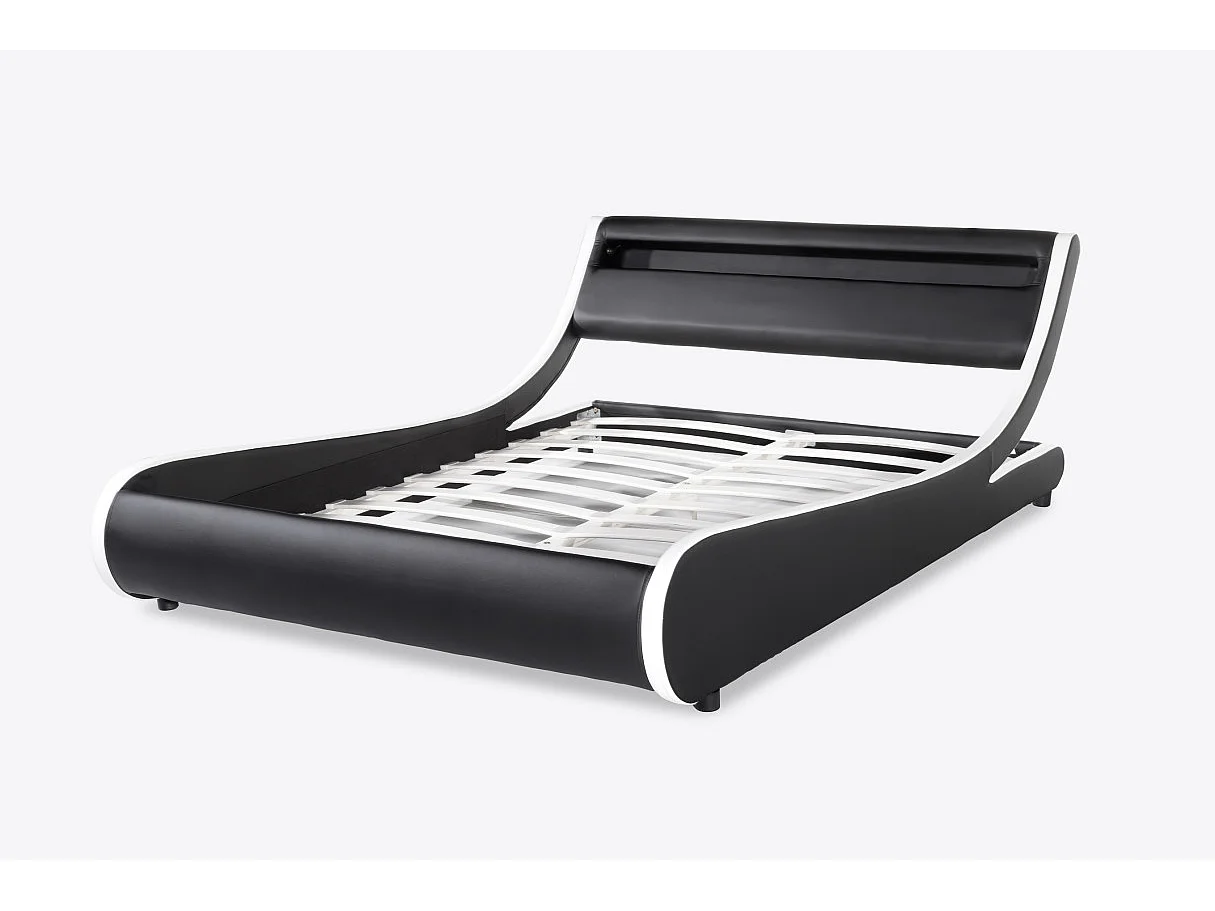 Cadre de lit TIM avec éclairage LED, tête de lit et sommier à lattes - Simili Blanc et Noir, 160 cm