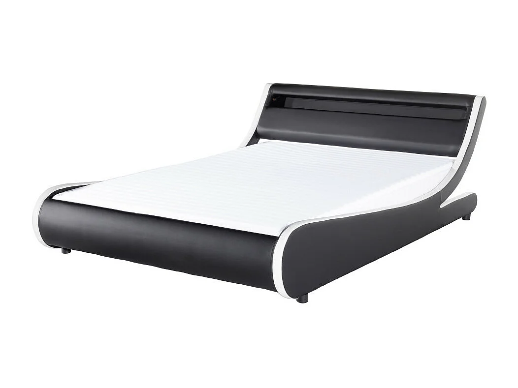 Cadre de lit TIM avec éclairage LED, tête de lit et sommier à lattes - Simili Blanc et Noir, 160 cm