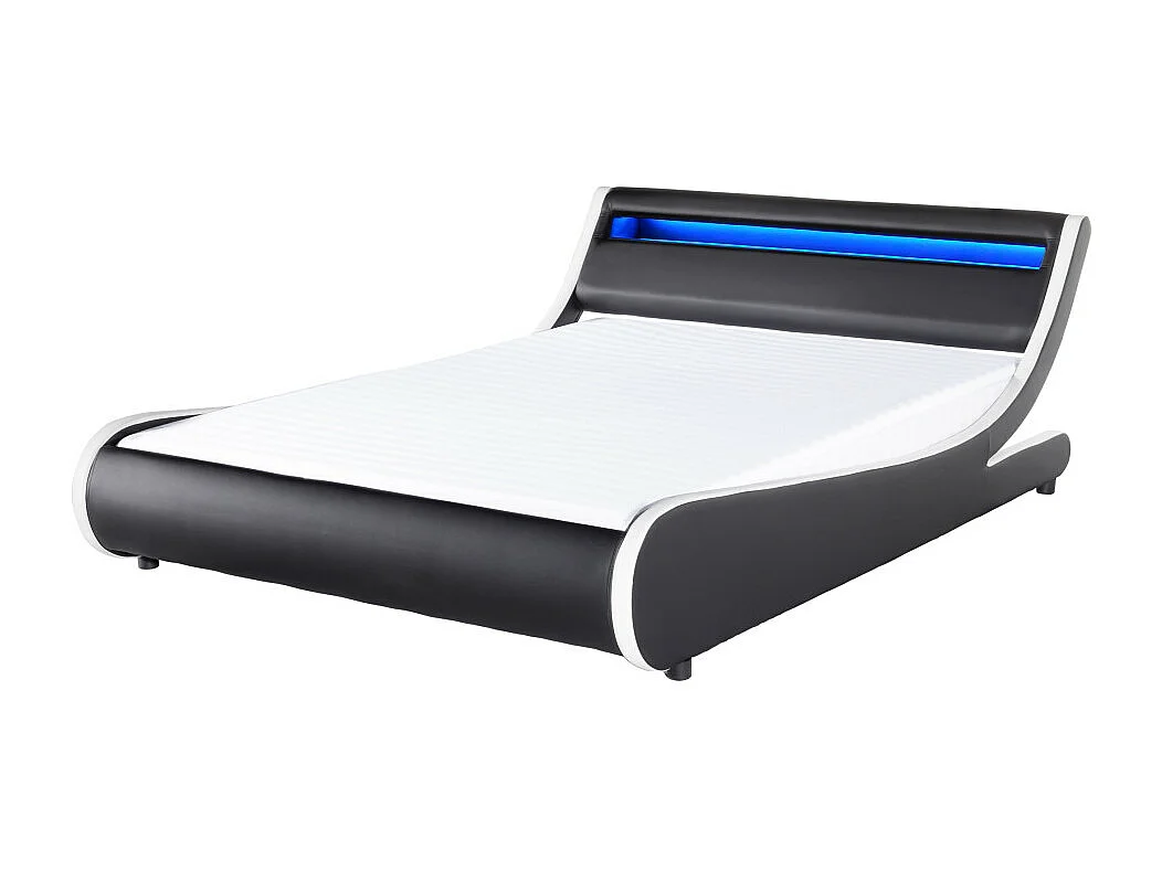 Cadre de lit TIM avec éclairage LED, tête de lit et sommier à lattes - Simili Blanc et Noir, 160 cm
