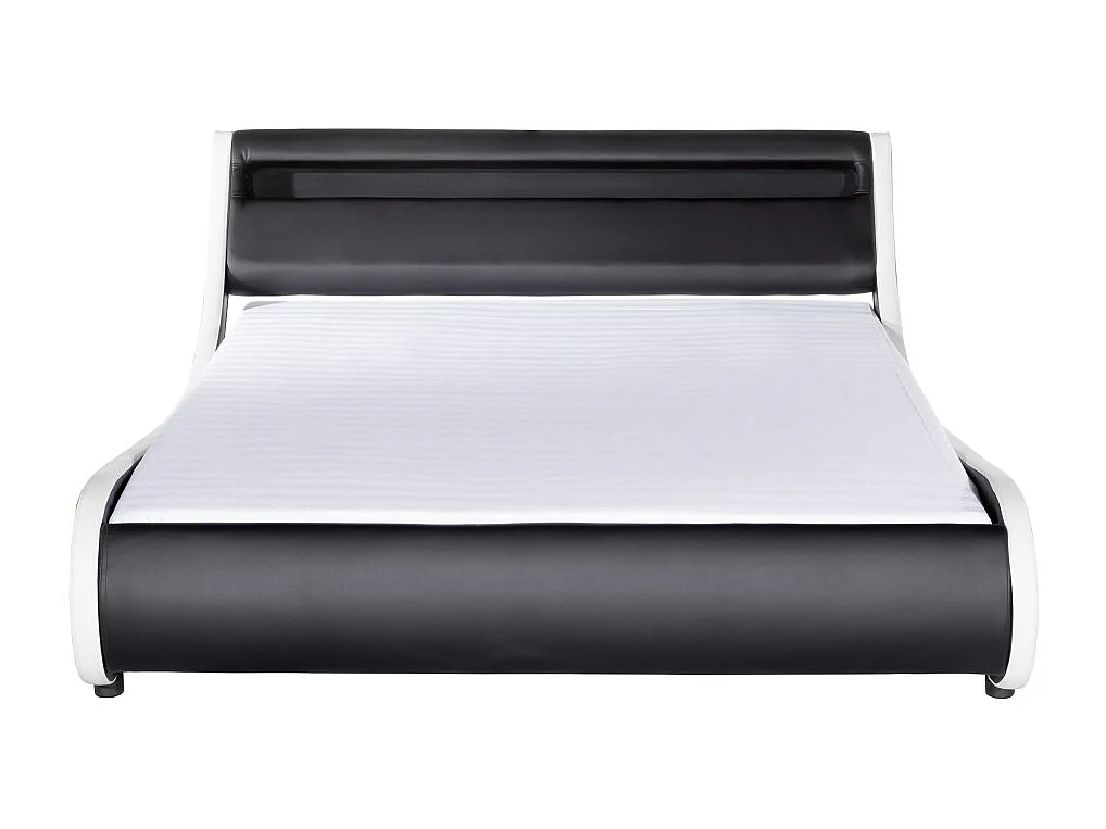 Cadre de lit TIM avec éclairage LED, tête de lit et sommier à lattes - Simili Blanc et Noir, 160 cm