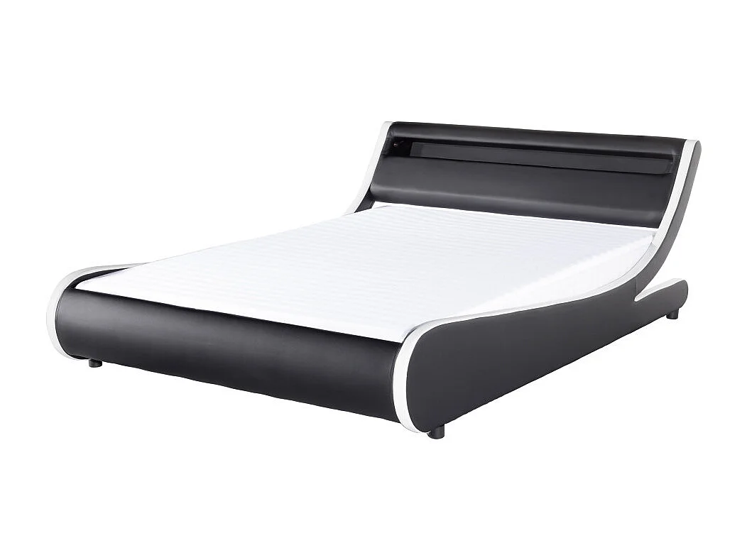 Cadre de lit TIM avec éclairage LED, tête de lit et sommier à lattes - Simili Blanc et Noir, 160 cm