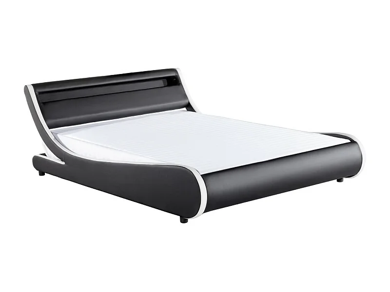 Cadre de lit TIM avec éclairage LED, tête de lit et sommier à lattes - Simili Blanc et Noir, 160 cm