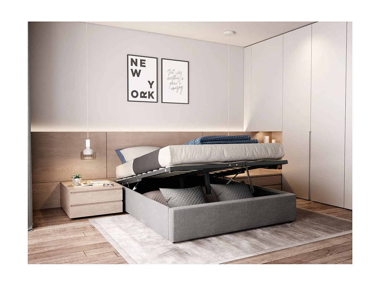 Cadre de lit TEO avec sommier relevable à lattes en tissu - Gris clair, Largeur - 160 cm