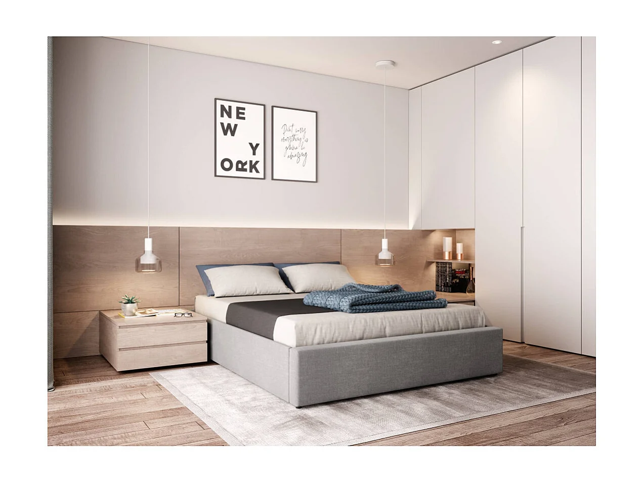 Cadre de lit TEO avec sommier relevable à lattes en tissu - Gris clair, Largeur - 160 cm