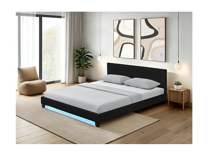 Cadre de lit YOKO avec éclairage LED, tête de lit et sommier à lattes en simili noir - 140 cm