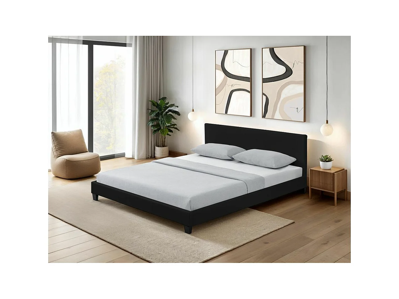 Cadre de lit YOKO avec éclairage LED, tête de lit et sommier à lattes en simili noir - 140 cm