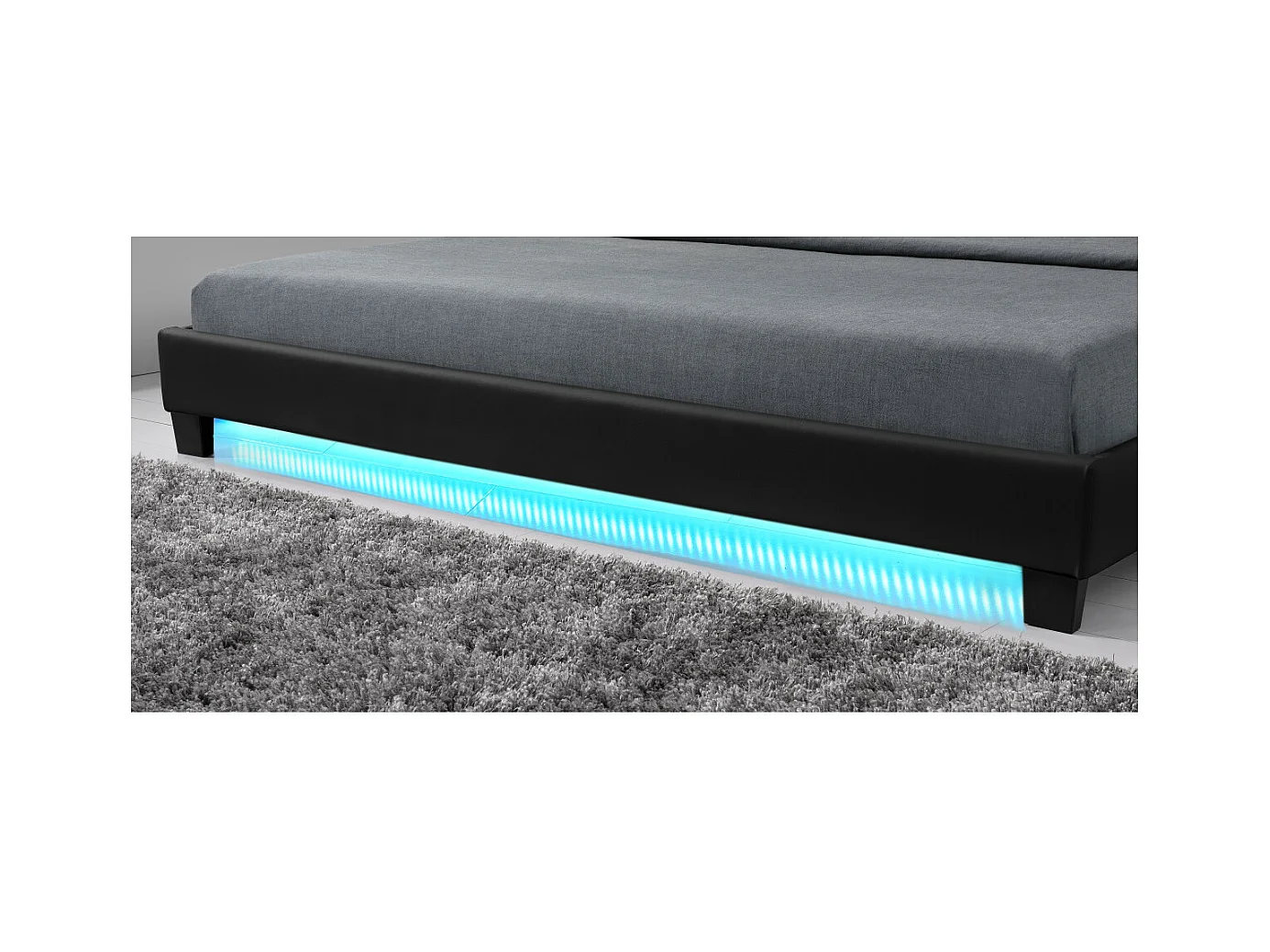 Cadre de lit YOKO avec éclairage LED, tête de lit et sommier à lattes en simili noir - 140 cm