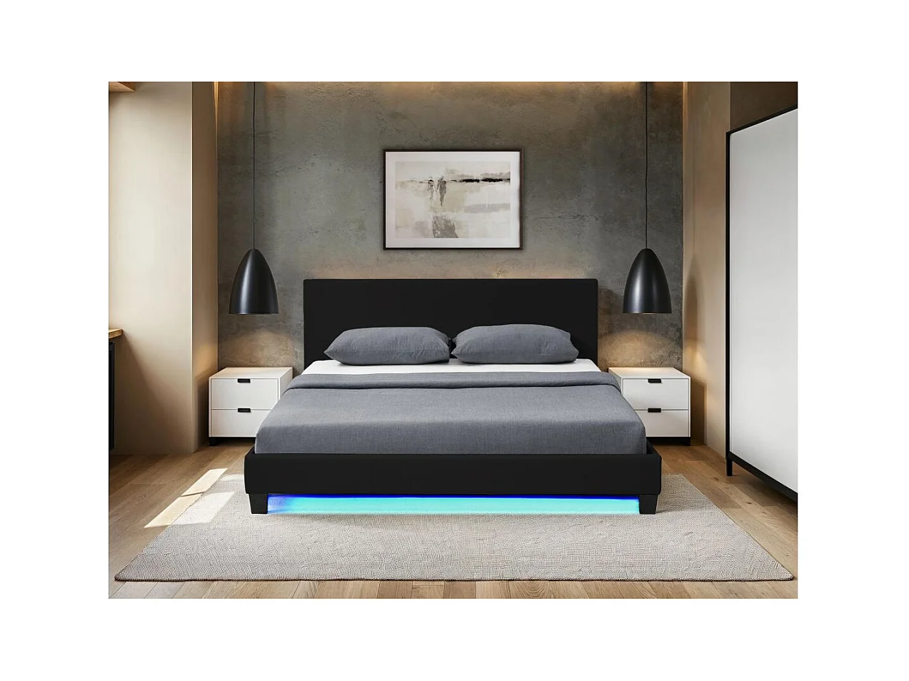 Cadre de lit YOKO avec éclairage LED, tête de lit et sommier à lattes en simili noir - 140 cm